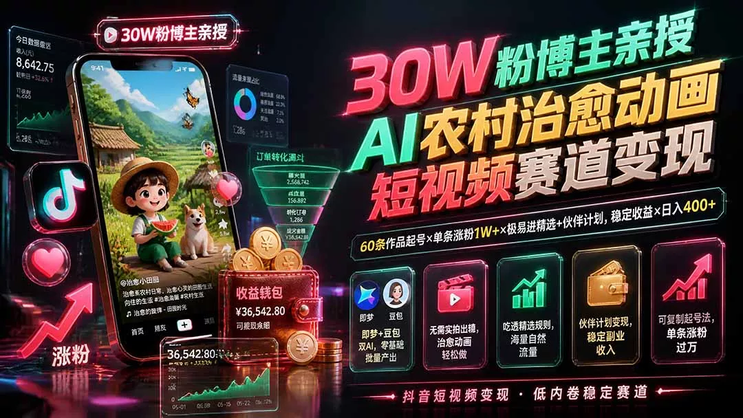 30W粉博主亲授AI农村治愈动画短视频赛道变现:60条作品起号×单条涨粉1W+×极易进精选+伙伴计划,稳定收益×日入400+祝你网--专注互联网创业.信息差副业研究拒绝割韭菜祝你网