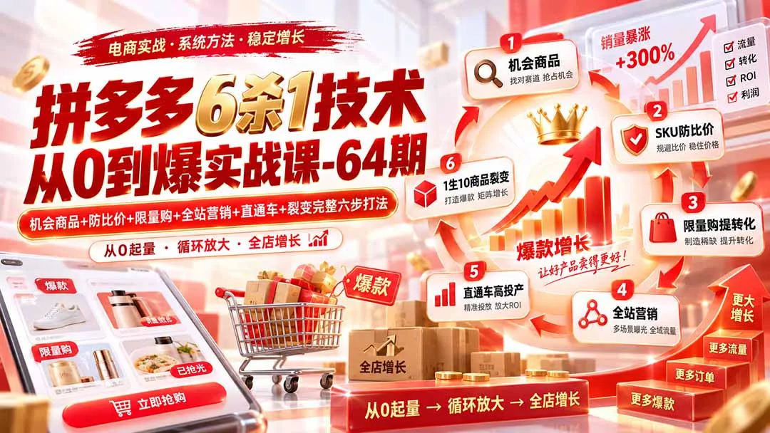 拼多多6杀1技术从0到爆实战课-64期：机会商品+防比价+限量购+全站营销+直通车+裂变完整六步打法祝你网--专注互联网创业.信息差副业研究拒绝割韭菜祝你网