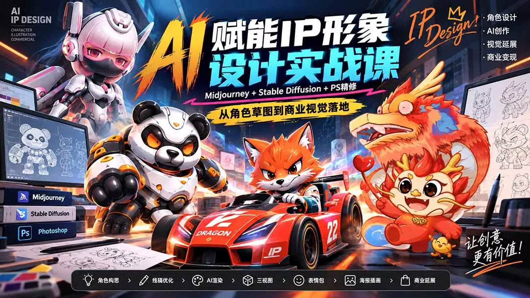 AI赋能IP形象设计实战课-无水印:Midjourney+Stable Diffusion+PS精修,从角色草图到商业视觉落地祝你网--专注互联网创业.信息差副业研究拒绝割韭菜祝你网