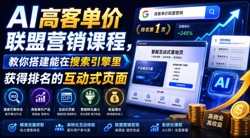 e6b251c2371f8f36b94754692d4798c2.webp AI高客单价联盟营销课程,教你搭建能在搜索引擎里获得排名的互动式页面,引来流量,把访客转化为高佣金的成交【原创双语字幕】