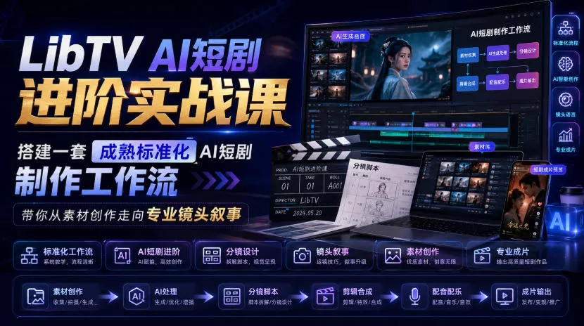 LibTV AI短剧进阶实战课，搭建一套成熟标准化AI短剧制作工作流，带你从素材创作走向专业镜头叙事祝你网--专注互联网创业.信息差副业研究拒绝割韭菜祝你网