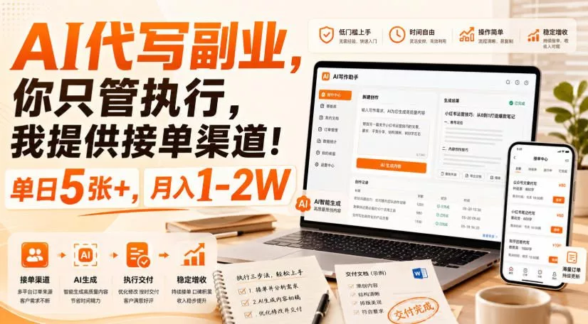 AI代写副业,你只管执行,我提供接单渠道!单日5张+,月入1-2W【揭秘】祝你网--专注互联网创业.信息差副业研究拒绝割韭菜祝你网