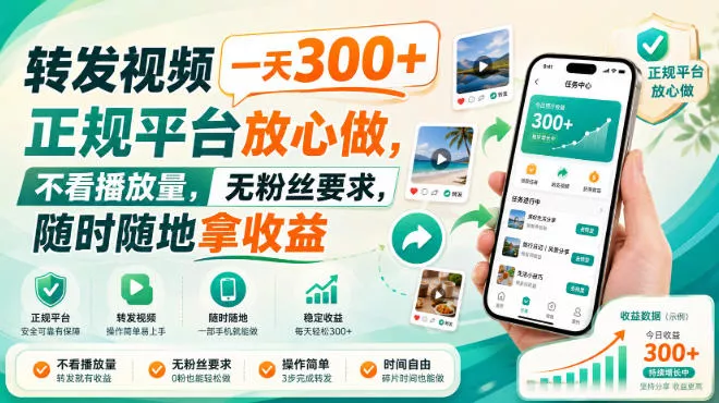 转发视频一天300+,正规平台放心做,不看播放量,无粉丝要求,随时随地拿收益【揭秘】祝你网--专注互联网创业.信息差副业研究拒绝割韭菜祝你网