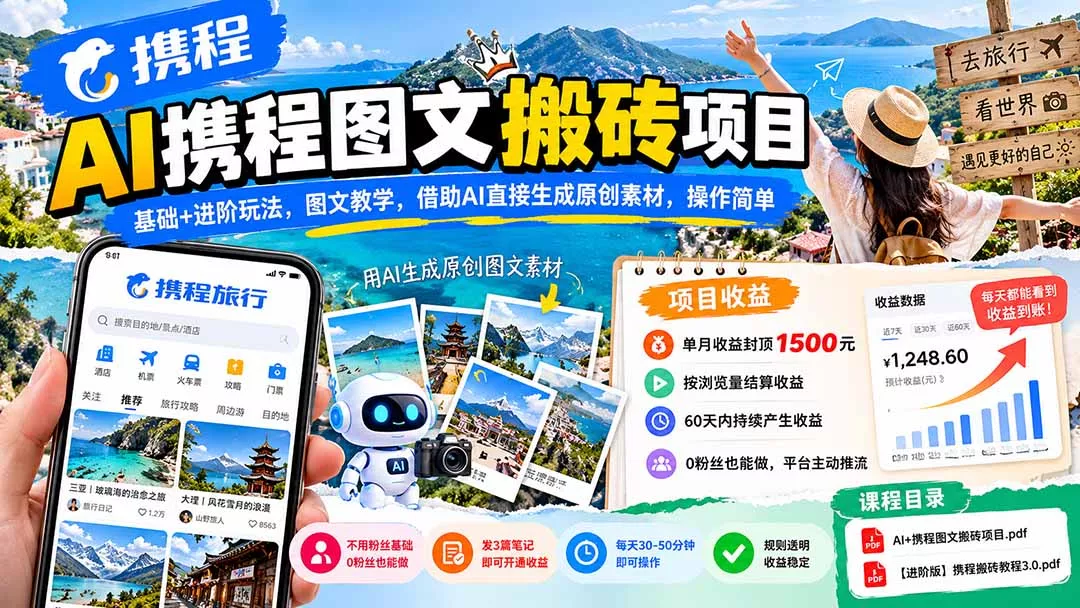 AI携程图文搬砖项目,基础+进阶玩法,图文教学,借助AI直接生成原创素材,操作简单祝你网--专注互联网创业.信息差副业研究拒绝割韭菜祝你网