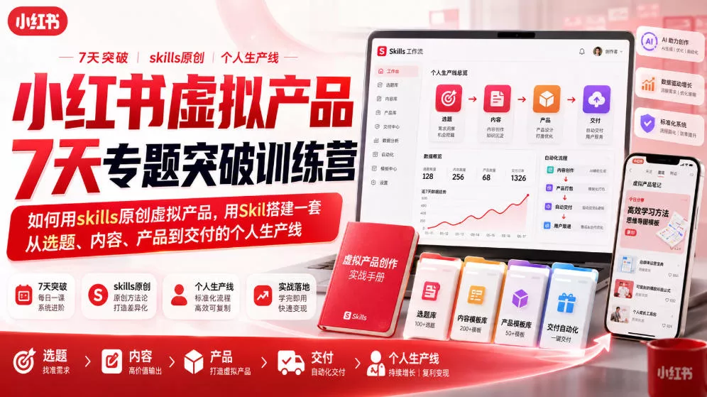 小红书虚拟产品7天专题突破训练营,如何用skills原创虚拟产品,用Skil搭建一套从选题、内容、产品到交付的个人生产线祝你网--专注互联网创业.信息差副业研究拒绝割韭菜祝你网