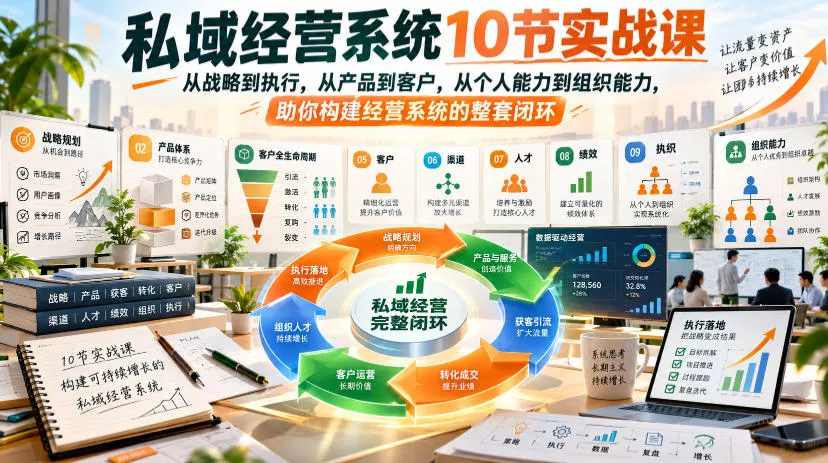 e86d1c6828c959e312a66b87d6244f23.webp 私域经营系统10节实战课,从战略到执行,从产品到客户,从个人能力到组织能力,助你构建经营系统的整套闭环