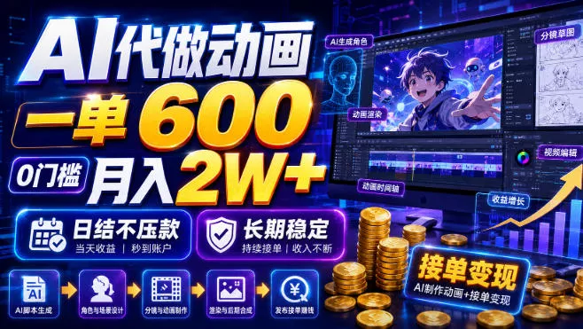 AI代做动画,一单600,0门槛月入2W+,日结不压款,长期稳定【揭秘】祝你网--专注互联网创业.信息差副业研究拒绝割韭菜祝你网