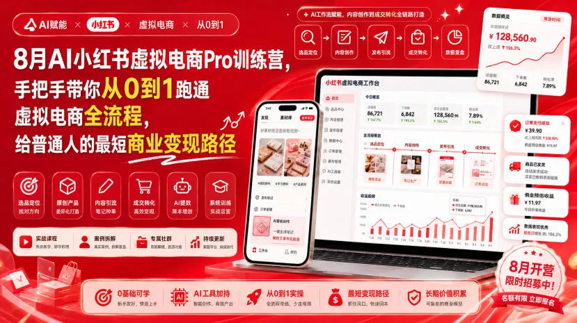 8月AI小红书虚拟电商Pro训练营,手把手带你从0到1跑通虚拟电商全流程,给普通人的最短商业变现路径祝你网--专注互联网创业.信息差副业研究拒绝割韭菜祝你网