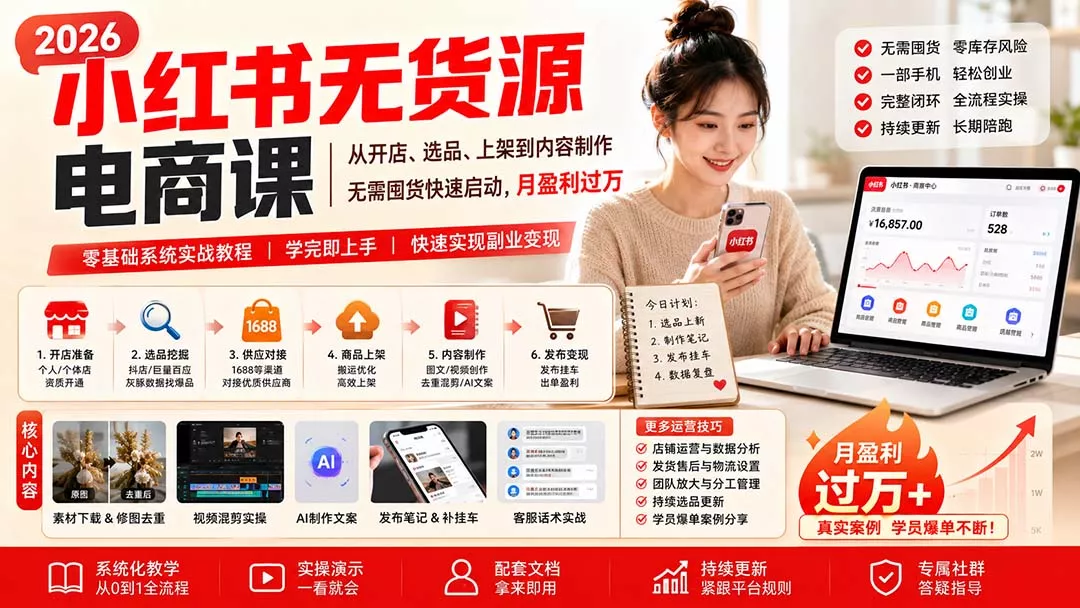 小红书无货源电商课(9月16更新祝你网--专注互联网创业.信息差副业研究拒绝割韭菜祝你网