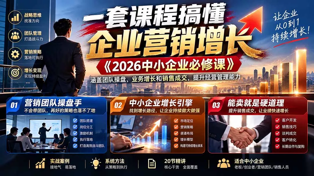 eb00e28c4ce32b24737c1d31b214a80e.webp 一套课程搞懂企业营销增长《2026中小企业必修课》涵盖团队操盘、业务增长和销售成交,提升经营管理能力