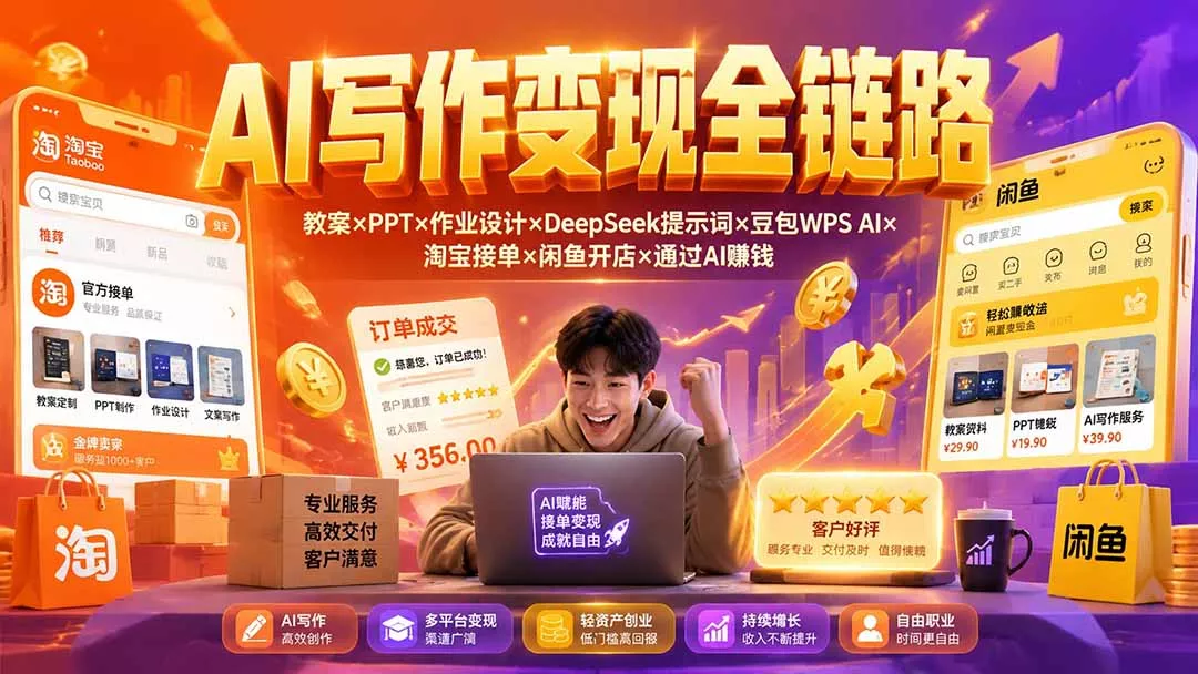 2026AI写作变现全链路：教案×PPT×作业设计×DeepSeek提示词×豆包WPS AI×淘宝接单×闲鱼开店×通过AI賺钱祝你网--专注互联网创业.信息差副业研究拒绝割韭菜祝你网