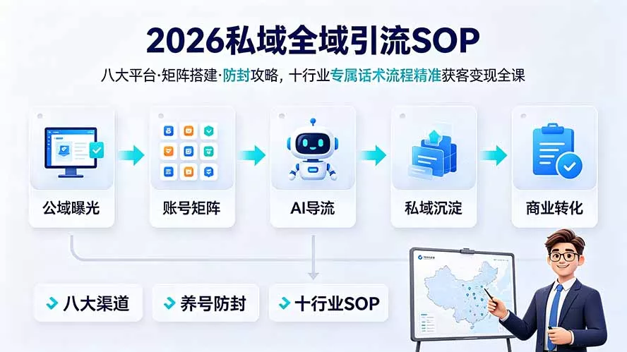 eb8e9b4f92249346c77e89a5410bb02e.webp 2026私域全域引流SOP|八大平台·矩阵搭建·防封攻略,十行业专属话术流程精准获客变现全课