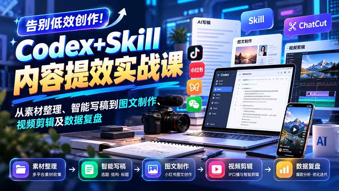 ec9b2a88c99660a5ff08f46b757b2c4e.jpeg (20915期)【无水印】告别低效创作!Codex+Skill内容提效实战课:从素材整理、智能写稿到图文制作、视频剪辑及数据复盘