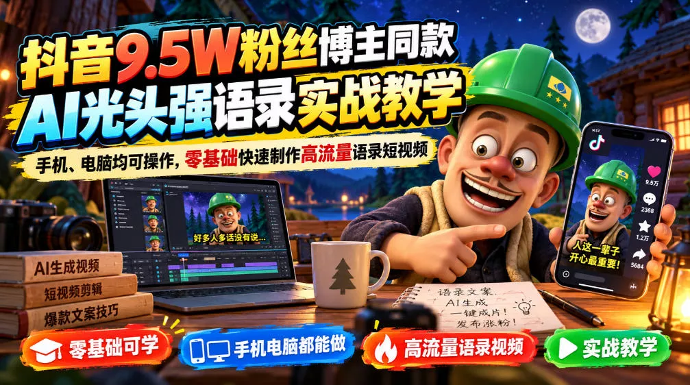 抖音9.5W粉丝博主同款AI光头强语录实战教学，手机、电脑均可操作，零基础快速制作高流量语录短视频祝你网--专注互联网创业.信息差副业研究拒绝割韭菜祝你网