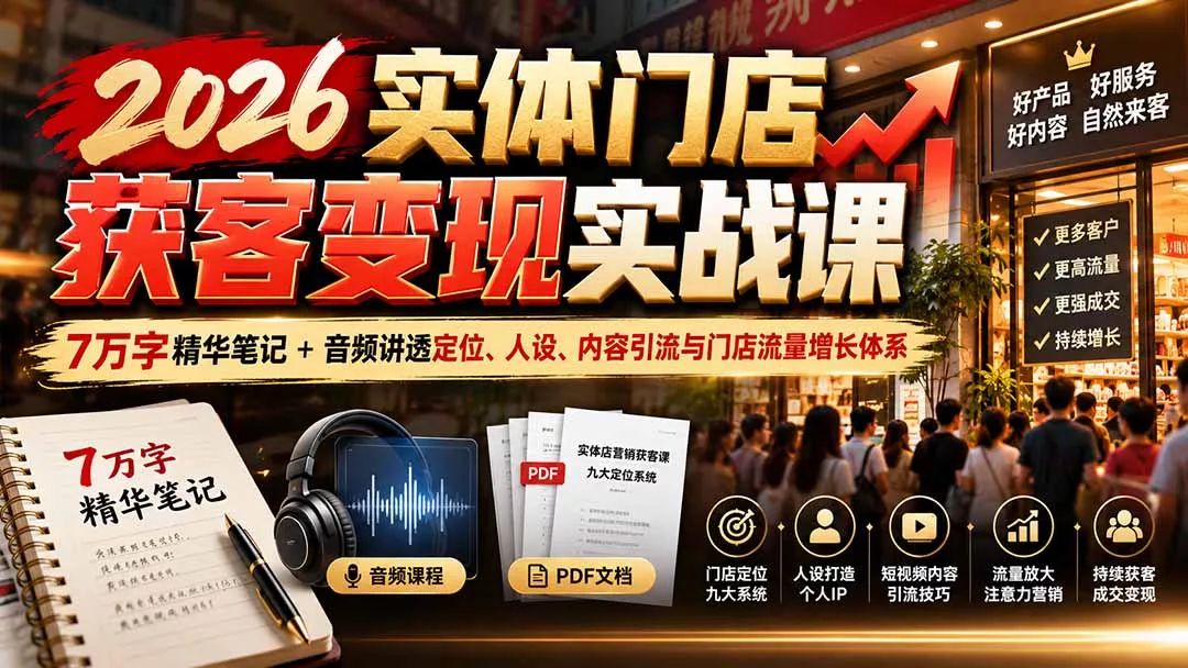 2026实体门店获客变现实战课：7万字精华笔记+音频讲透定位、人设、内容引流与门店流量增长体系