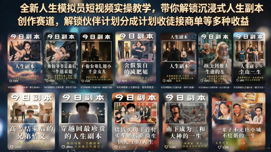 全新人生模拟员短视频实操教学，带你解锁沉浸式人生副本创作赛道，解锁伙伴计划分成计划收徒接商单等多种收益祝你网--专注互联网创业.信息差副业研究拒绝割韭菜祝你网