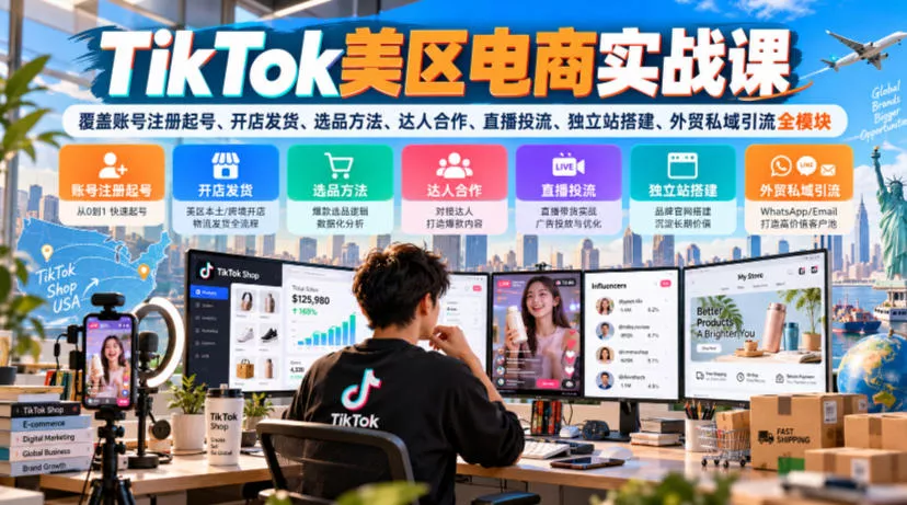 ed70a7c4d51eb93aaa0346de6d92acc2.webp TikTok美区电商实战课,覆盖账号注册起号、开店发货、选品方法、达人合作、直播投流、独立站搭建、外贸私域引流全模块