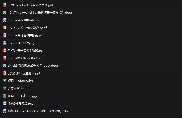 edc2892bf1db79856a196a59cca84f2d.webp TikTok从0-1实操资料包:养号SOP+爆款公式+投流手册