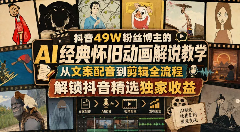 抖音49W粉丝博主的AI经典怀旧动画解说教学，从文案配音到剪辑全流程，解锁抖音精选独家收益祝你网--专注互联网创业.信息差副业研究拒绝割韭菜祝你网