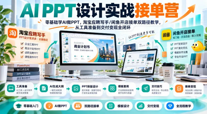 ee70d855e709b5e15a4d58ebabd5121f.webp AI PPT设计实战接单营|零基础学AI做PPT,淘宝应聘写手/闲鱼开店接单双路径教学,从工具准备到交付变现全闭环