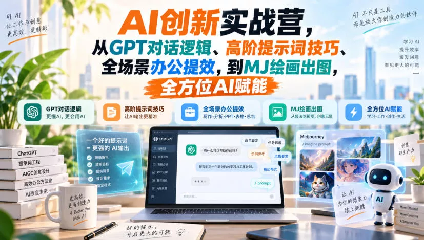 ee8e19d2ebaf956138c1c182273ee2fb.webp AI创新实战营,从GPT对话逻辑、高阶提示词技巧、全场景办公提效,到MJ绘画出图,全方位AI赋能