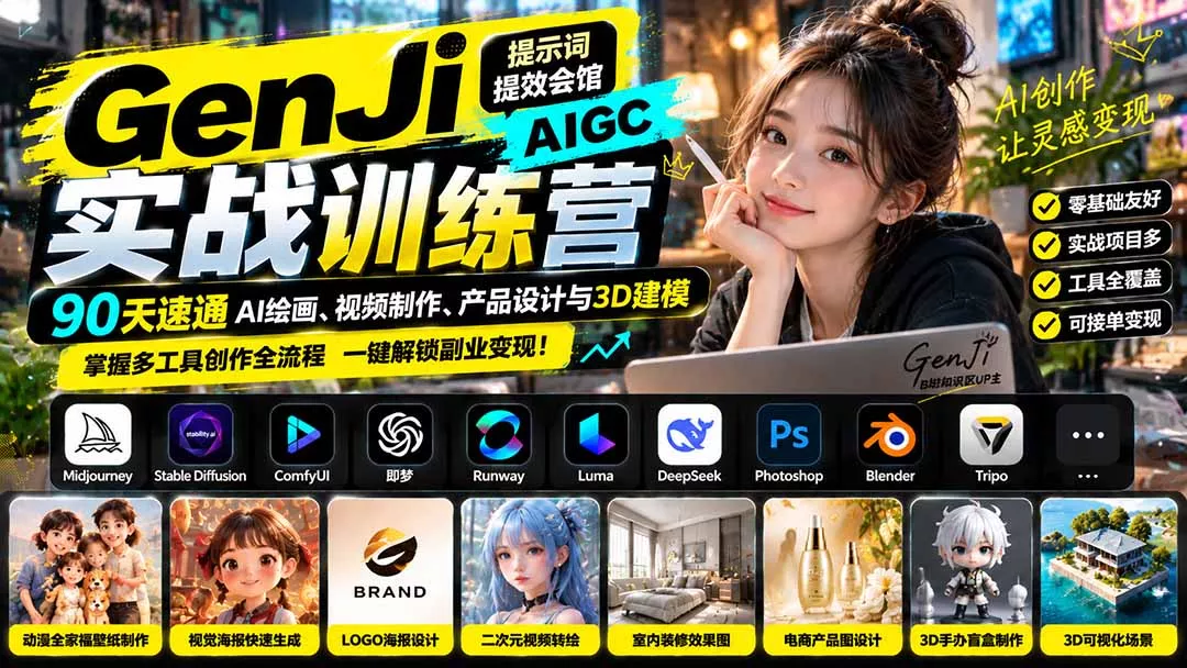 GenJi AIGC实战训练营：90天速通AI绘画、视频制作、产品设计与3D建模，掌握多工具创作全流程祝你网--专注互联网创业.信息差副业研究拒绝割韭菜祝你网