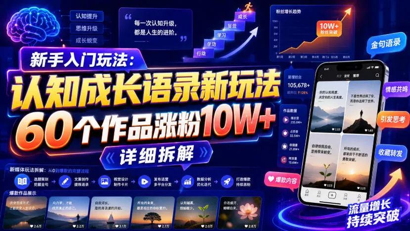 ef377415e4fdae640df2878bf09a0702.webp 新手入门玩法:认知成长语录新玩法,60个作品涨粉10W+,详细拆解