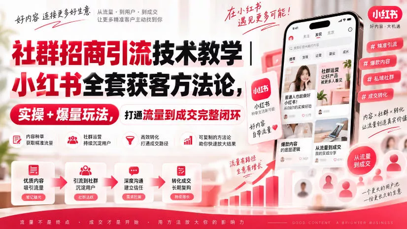 社群招商引流技术教学|小红书全套获客方法论,实操+爆量玩法,打通流量到成交完整闭环祝你网--专注互联网创业.信息差副业研究拒绝割韭菜祝你网