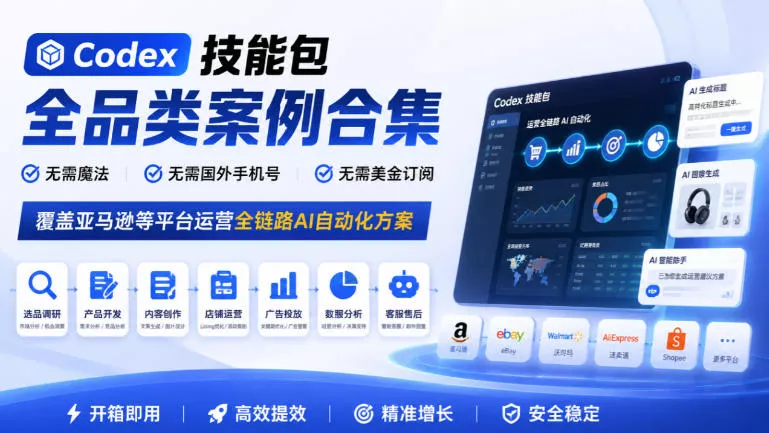 ef90a5593f0b9b9c6007cda6c3aa4ca9.webp Codex技能包全品类案例合集,无需魔法、无需国外手机号、无需美金订阅,覆盖亚马逊等平台运营全链路AI自动化方案