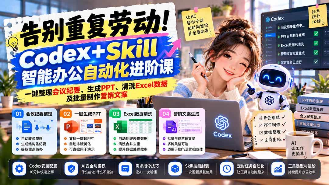 efced1b9040445111add1c6bc0cd8caa.jpeg (21001期)告别重复劳动!Codex+Skill智能办公自动化进阶课:一键整理会议纪要、生成PPT、清洗Excel数据及批量制作营销文案