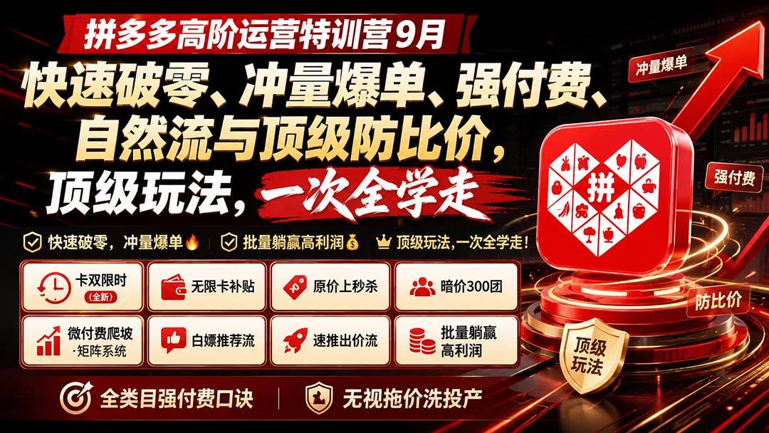 （20155期）拼多多高阶运营特训营9月：快速破零、冲量爆单、强付费、自然流与顶级防比价， 顶级玩法，一次全学走祝你网--专注互联网创业.信息差副业研究拒绝割韭菜祝你网