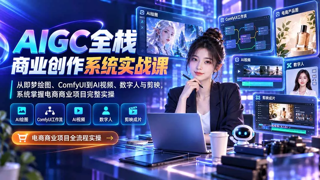 f1e1153cd90761d345099c356353340b.webp AIGC全栈商业创作系统实战课:从即梦绘图、ComfyUI到AI视频、数字人与剪映,系统掌握电商商业项目完整实操