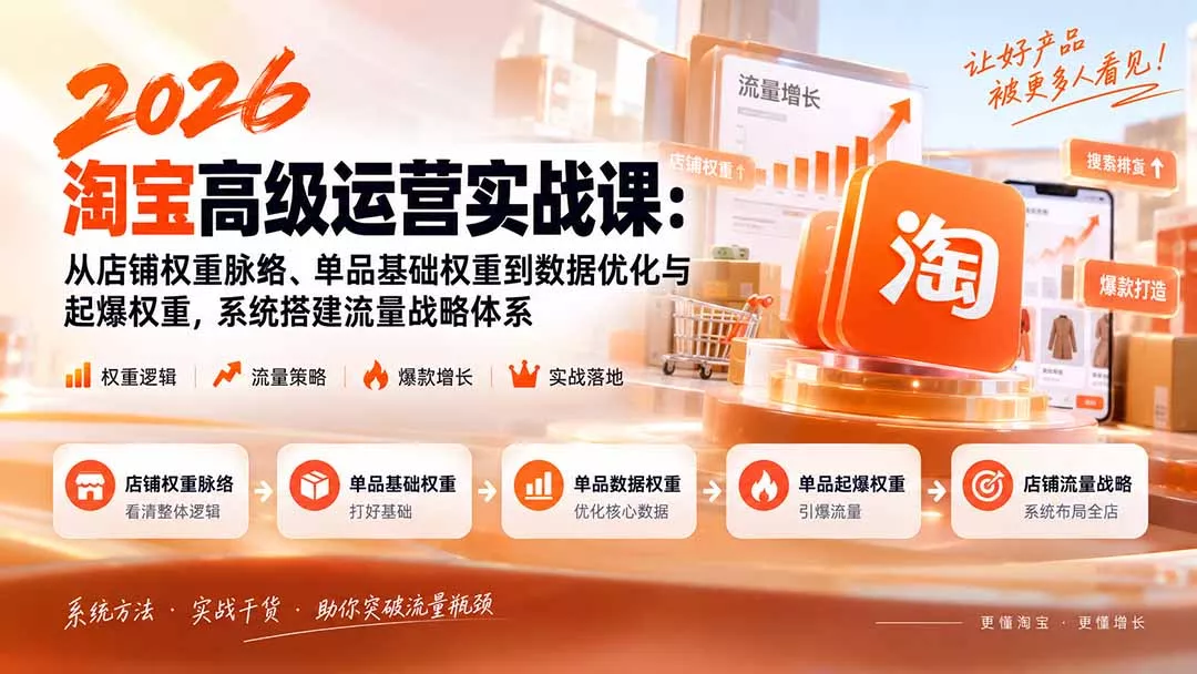2026淘宝高级运营实战课:从店铺权重脉络、单品基础权重到数据优化与起爆权重,系统搭建流量战略体系祝你网--专注互联网创业.信息差副业研究拒绝割韭菜祝你网