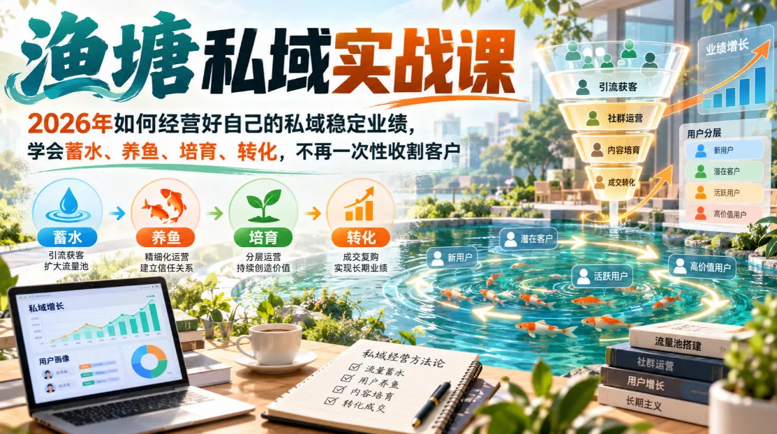 渔塘私域实战课,2026年如何经营好自己的私域稳定业绩,学会蓄水、养鱼、培育、转化,不再一次性收割客户祝你网--专注互联网创业.信息差副业研究拒绝割韭菜祝你网