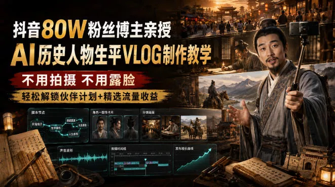f26c68eedc6d2cee5896979244057a04.webp 抖音80W粉丝博主的AI历史人物生平VLOG教学,不用拍摄不用露脸,AI帮你搞定,轻松解锁伙伴计划+精选收益