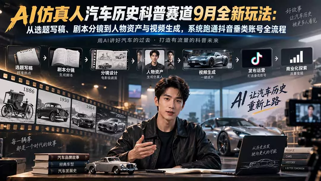 f27678d036c2607894cdd2a7ba3ebeeb.webp AI仿真人汽车历史科普赛道9月全新玩法:从选题写稿、剧本分镜到人物资产与视频生成,系统跑通抖音垂类账号全流程