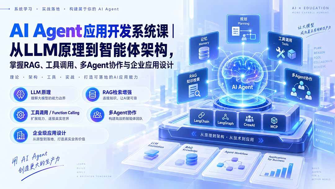 f412ba09f585c69fa414f330551d7e05.jpeg (20564期)AI Agent应用开发系统课-179节|从LLM原理到智能体架构,掌握RAG、工具调用、多Agent协作与企业应用设计