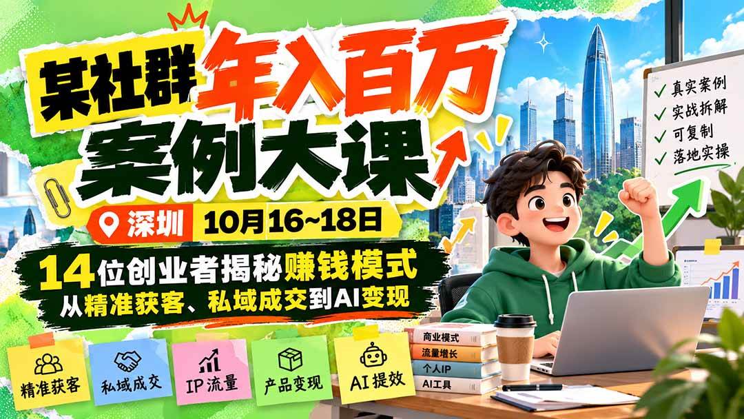f45f3db52798554b2ad498816ee4bbc0.jpeg (21137期)某社群年入百万案例大课-深圳10月16~18日:14位创业者揭秘赚钱模式,从精准获客、私域成交到AI变现