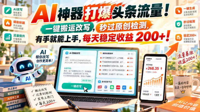 AI神器打爆头条流量，一键搬运改写，秒过原创检测，有手就能上手，每天稳定收益200+！【揭秘】祝你网--专注互联网创业.信息差副业研究拒绝割韭菜祝你网