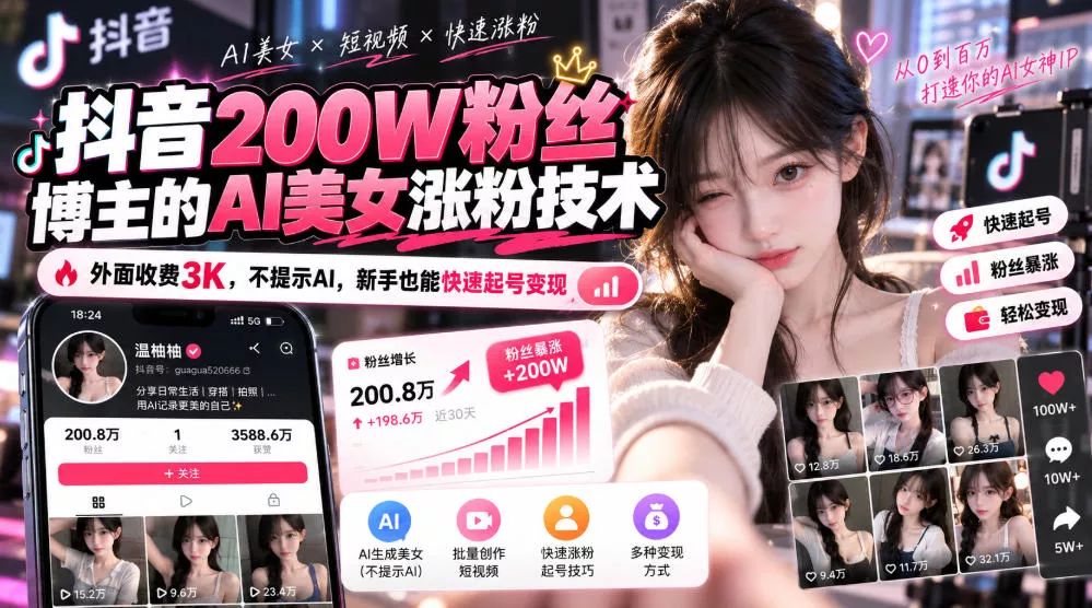 f53f213fd1e12c6caf4a2754e921b062.webp 抖音200W粉丝博主的AI美女涨粉技术,外面收费3K,不提示AI,新手也能快速起号变现