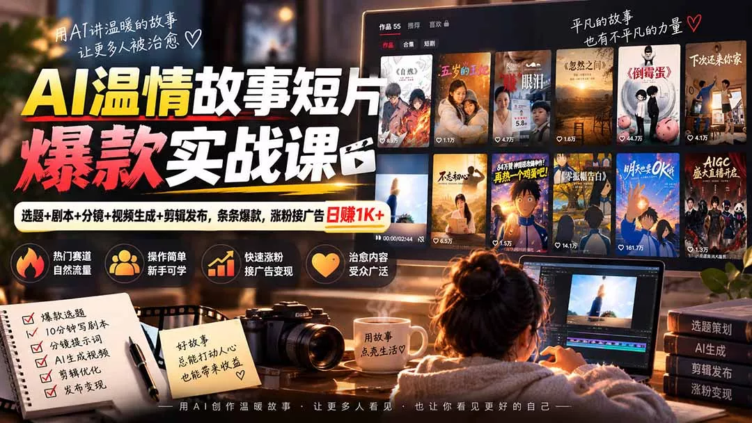 f566b43ce1c44844c232522fc1fc99a2.webp AI温情故事短片爆款实战课-更新|选题+剧本+分镜+视频生成+剪辑发布,条条爆款,涨粉接广告日赚1K+