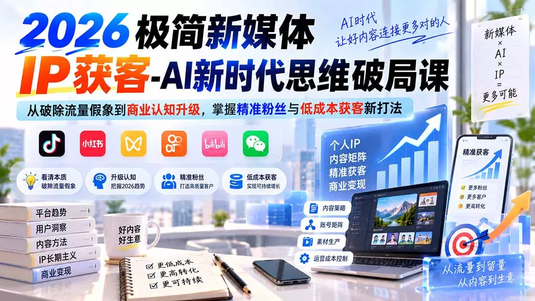 f5a747a9e44283eee5df46e261ef0b58.webp 2026极简新媒体IP获客-AI新时代思维破局课:从破除流量假象到商业认知升级,掌握精准粉丝与低成本获客新打法