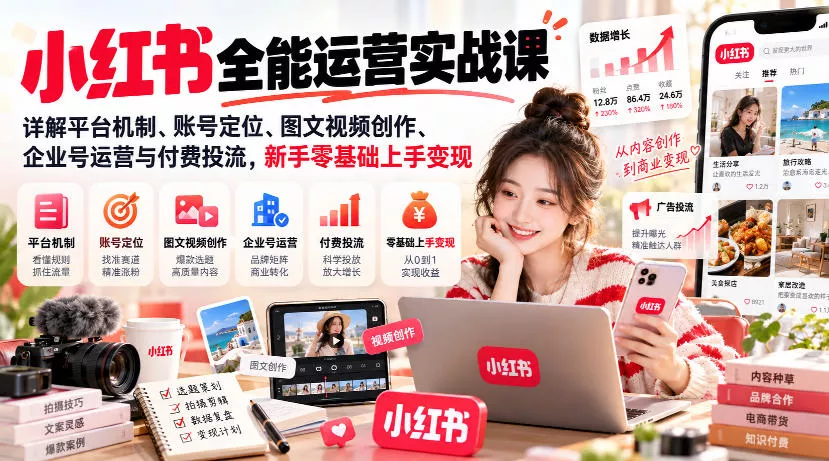 f61f3ffe0c9ff8d4c8eff2b8bfd34d66.webp 小红书全能运营实战课,详解平台机制、账号定位、图文视频创作、企业号运营与付费投流,新手零基础上手变现