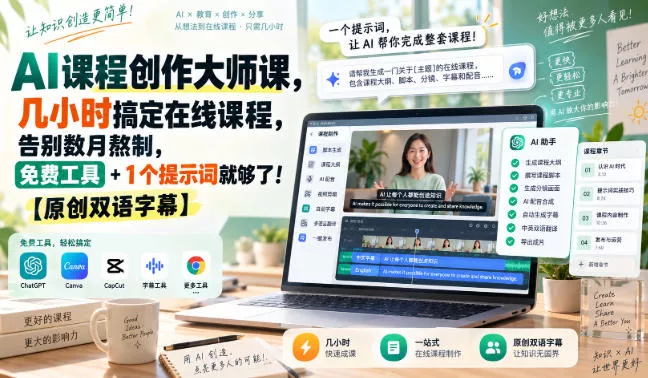 f6730810b6208d65e1bab6b7f0679e41.webp AI课程创作大师课,几小时搞定在线课程,告别数月熬制,免费工具+1个提示词就够了!【原创双语字幕】