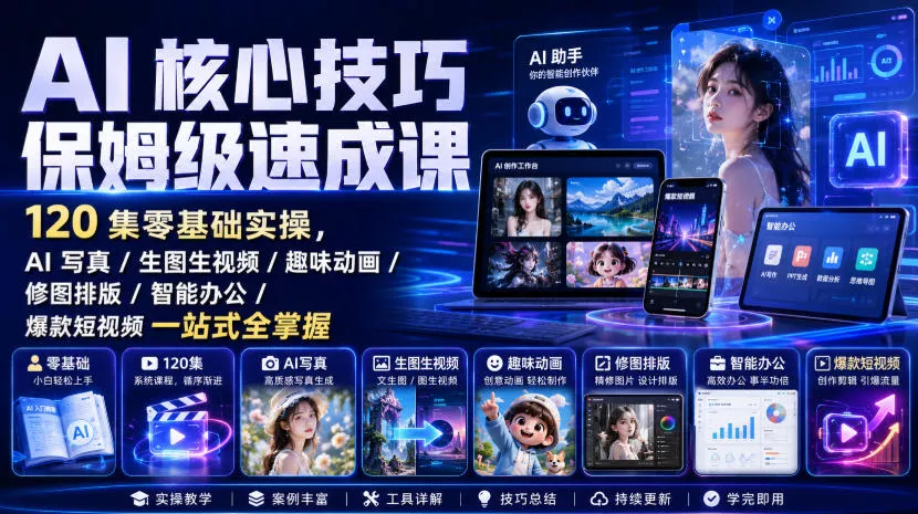 f6cced9ce4ffe747e5c866743c1439ad.webp AI核心技巧保姆级速成课|120集零基础实操,AI写真/生图生视频/趣味动画/修图排版/智能办公/爆款短视频一站式全掌握