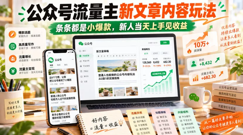 公众号流量主新文章内容玩法，条条都是小爆款，新人当天上手见收益祝你网--专注互联网创业.信息差副业研究拒绝割韭菜祝你网