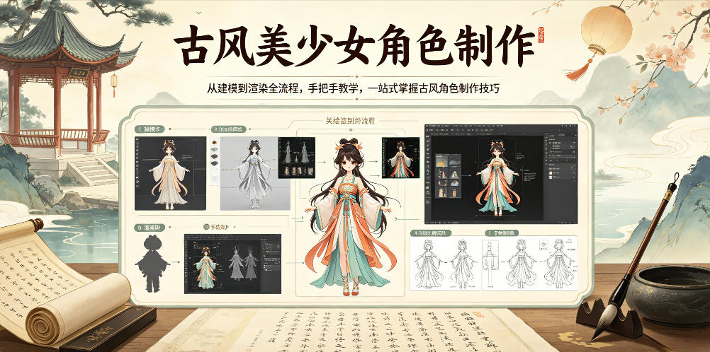 古风美少女角色制作,从建模到渲染全流程,手把手教学,一站式掌握古风角色制作技巧祝你网--专注互联网创业.信息差副业研究拒绝割韭菜祝你网