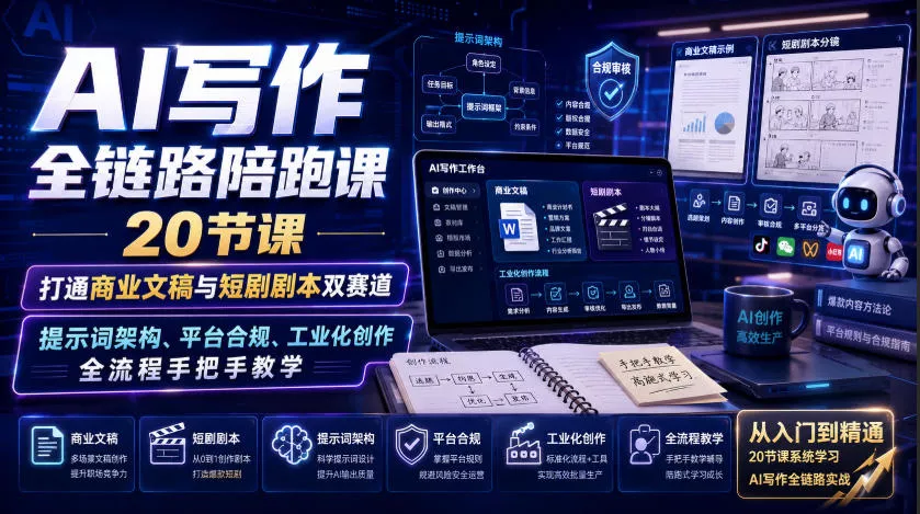 f74b843a0da35c62529ece8d000864c0.webp AI写作全链路陪跑课|20节课打通商业文稿与短剧剧本双赛道,提示词架构、平台合规、工业化创作全流程手把手教学
