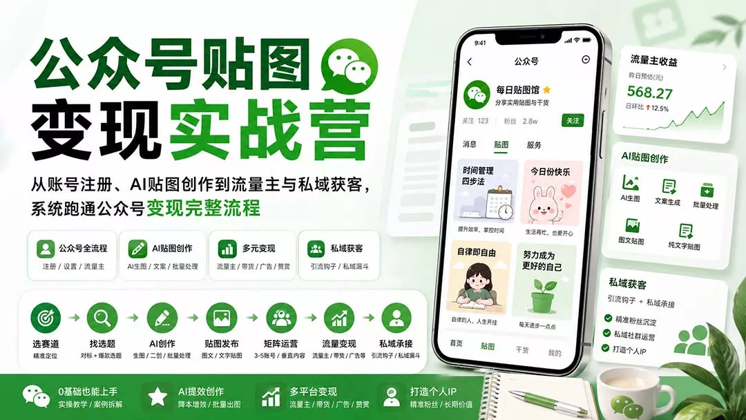 公众号贴图变现实战营:从账号注册、AI贴图创作到流量主与私域获客,系统跑通公众号变现完整流程祝你网--专注互联网创业.信息差副业研究拒绝割韭菜祝你网