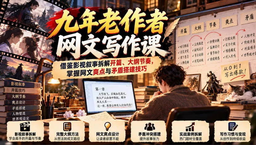 f7f606c7bda0ef73f77c3295529bea23.webp 九年老作者网文写作课:借鉴影视叙事拆解开篇、大纲节奏,掌握网文爽点与矛盾搭建技巧